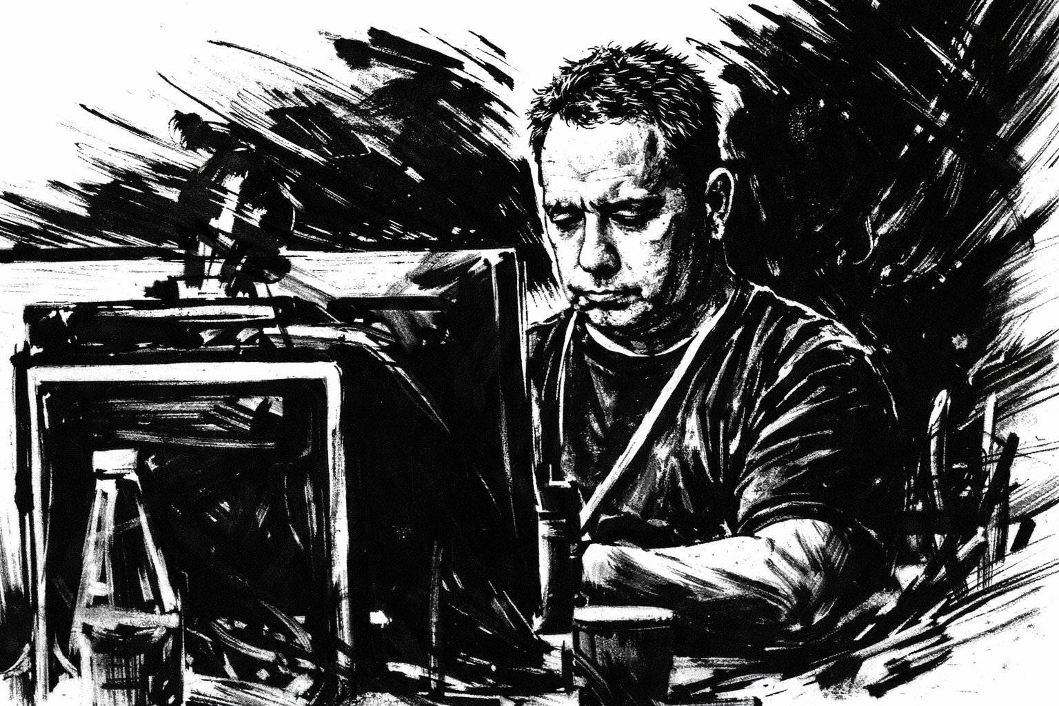 Ink illustration of Phil at a screen, late night, focused